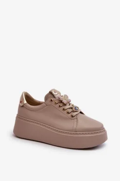 Damskie Skórzane Sneakersy Z Ozdobami CheBello 4292 Beżowe