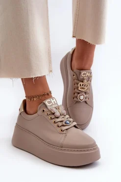 Damskie Skórzane Sneakersy Z Ozdobami CheBello 4292 Beżowe