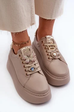 Damskie Skórzane Sneakersy Z Ozdobami CheBello 4292 Beżowe