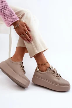Damskie Skórzane Sneakersy Z Ozdobami CheBello 4292 Beżowe
