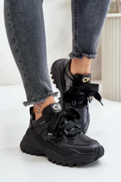 Damskie Skórzane Sneakersy Czarne CheBello 4583