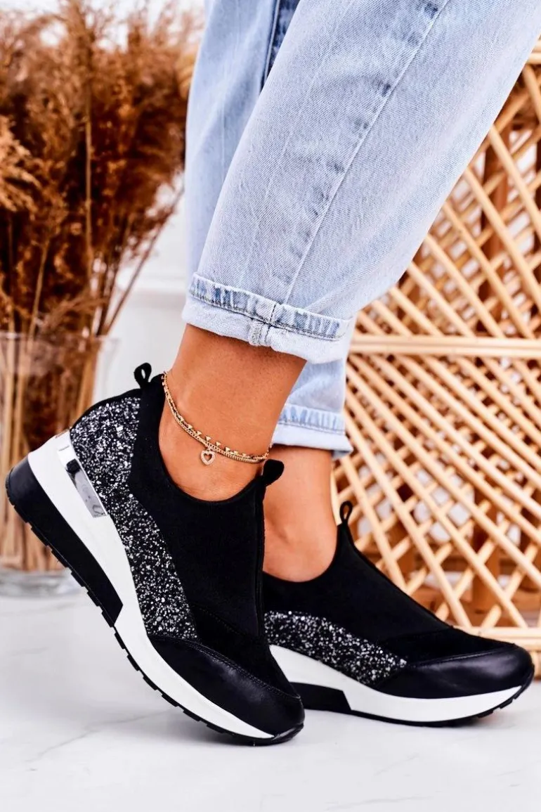 Damskie Skórzane Sneakersy Na Koturnie Czarne Srebrne Frances