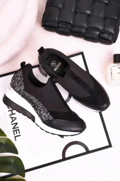 Damskie Skórzane Sneakersy Na Koturnie Czarne Srebrne Frances