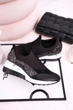 Damskie Skórzane Sneakersy Na Koturnie Czarne Srebrne Frances