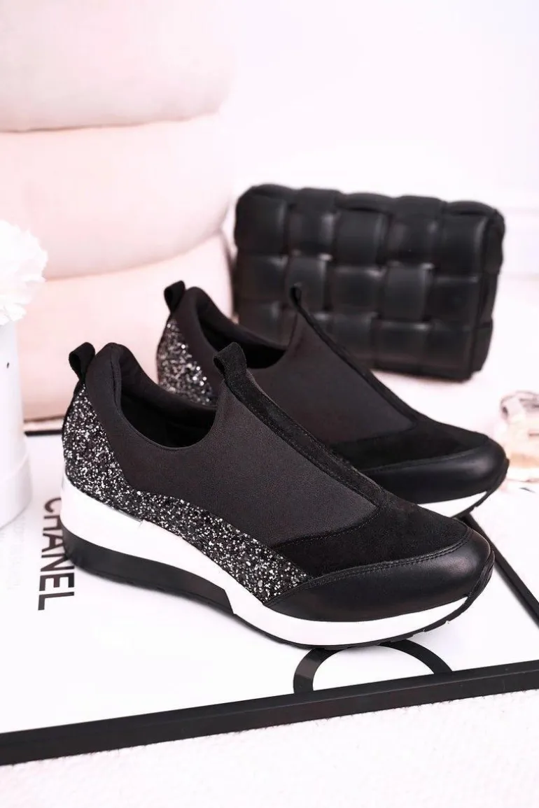 Damskie Skórzane Sneakersy Na Koturnie Czarne Srebrne Frances