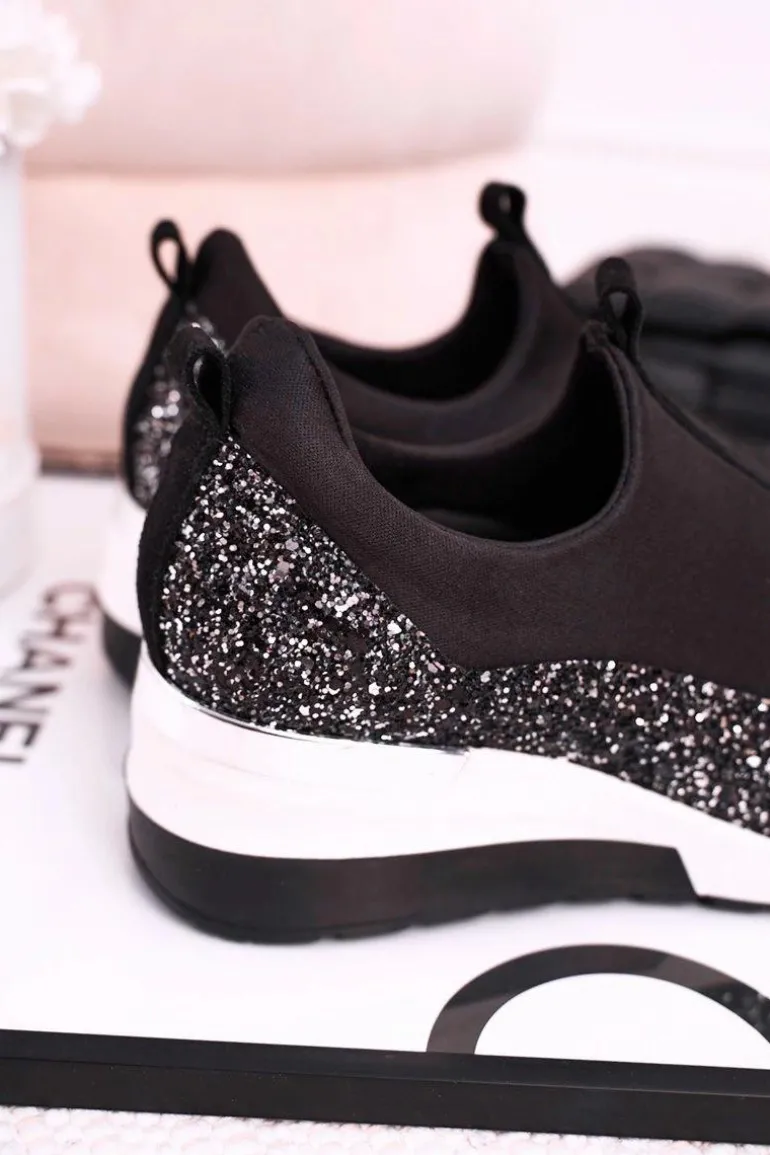 Damskie Skórzane Sneakersy Na Koturnie Czarne Srebrne Frances