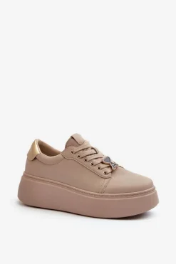 Damskie Skórzane Sneakersy Na Platformie Beżowe Vinceza 66700