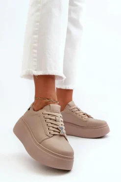 Damskie Skórzane Sneakersy Na Platformie Beżowe Vinceza 66700