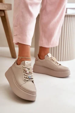 Damskie Skórzane Sneakersy Na Platformie Z Ozdobami CheBello 4585 Beżowe