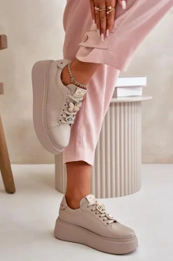 Damskie Skórzane Sneakersy Na Platformie Z Ozdobami CheBello 4585 Beżowe