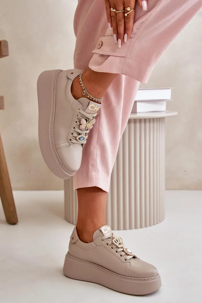 Damskie Skórzane Sneakersy Na Platformie Z Ozdobami CheBello 4585 Beżowe