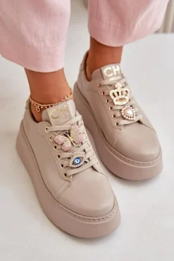 Damskie Skórzane Sneakersy Na Platformie Z Ozdobami CheBello 4585 Beżowe