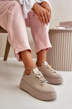 Damskie Skórzane Sneakersy Na Platformie Z Ozdobami CheBello 4585 Beżowe