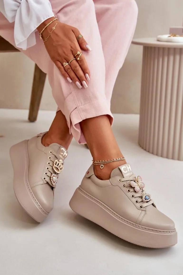 Damskie Skórzane Sneakersy Na Platformie Z Ozdobami CheBello 4585 Beżowe