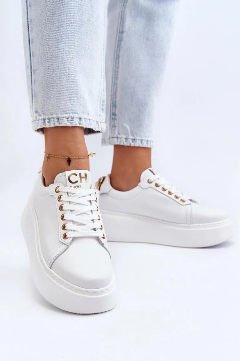 Damskie Skórzane Sneakersy Na Platformie CheBello 4367 Białe