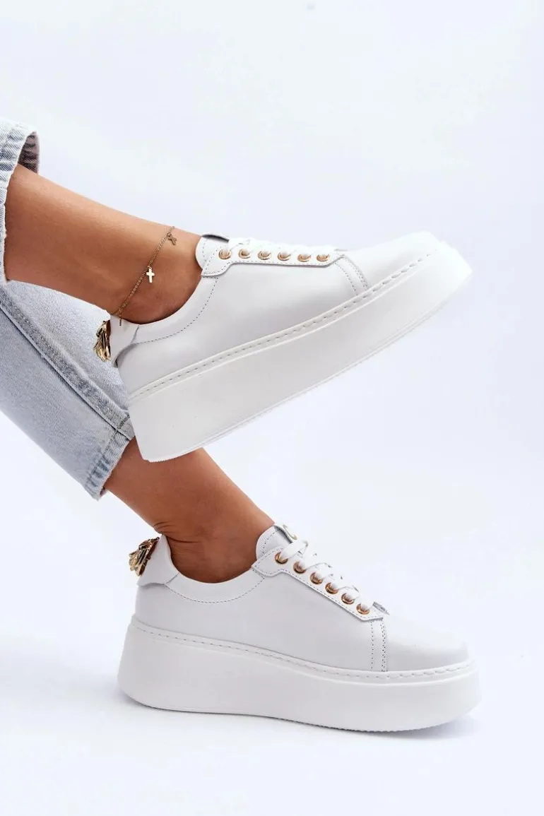 Damskie Skórzane Sneakersy Na Platformie CheBello 4367 Białe