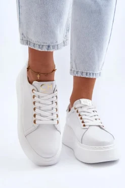 Damskie Skórzane Sneakersy Na Platformie CheBello 4367 Białe