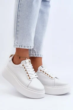 Damskie Skórzane Sneakersy Na Platformie CheBello 4367 Białe