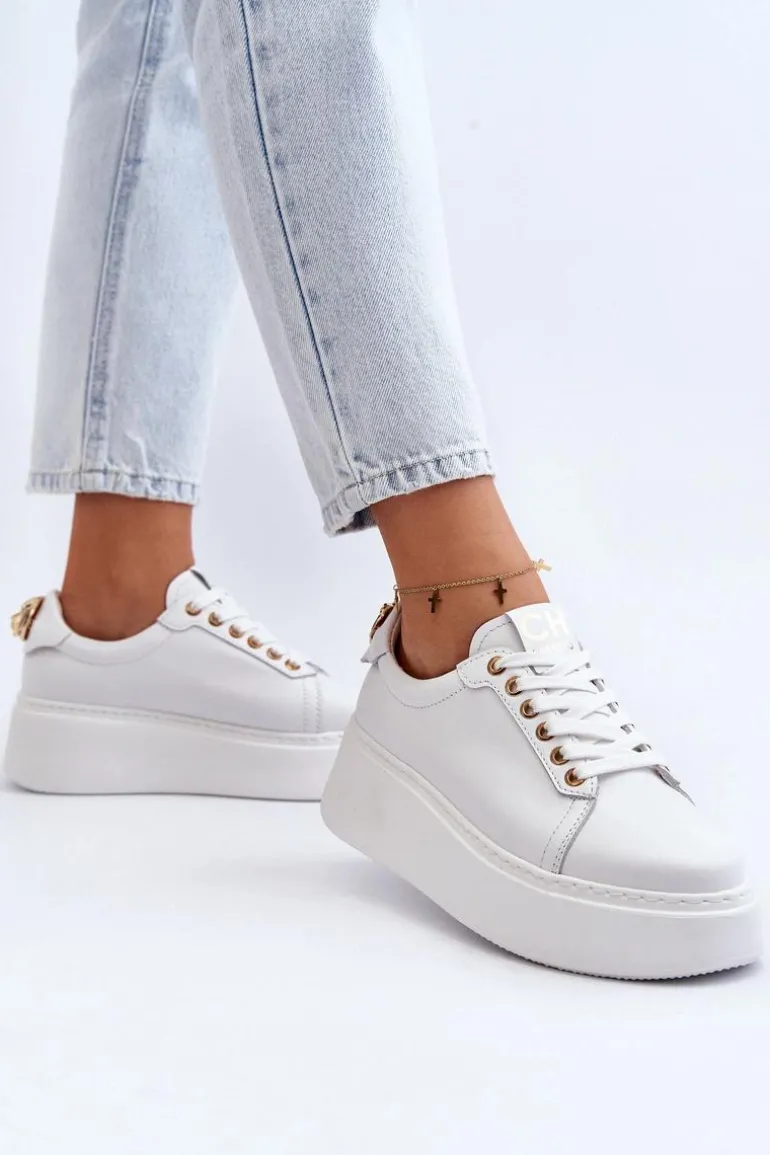 Damskie Skórzane Sneakersy Na Platformie CheBello 4367 Białe