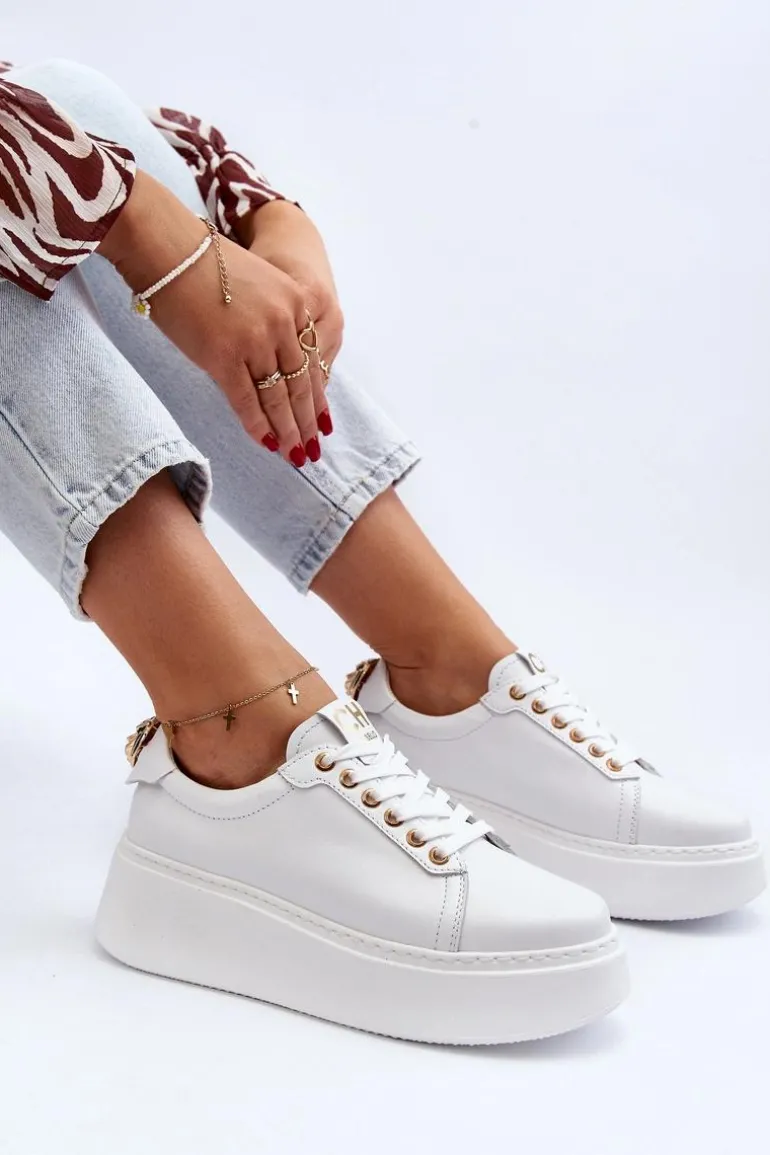 Damskie Skórzane Sneakersy Na Platformie CheBello 4367 Białe
