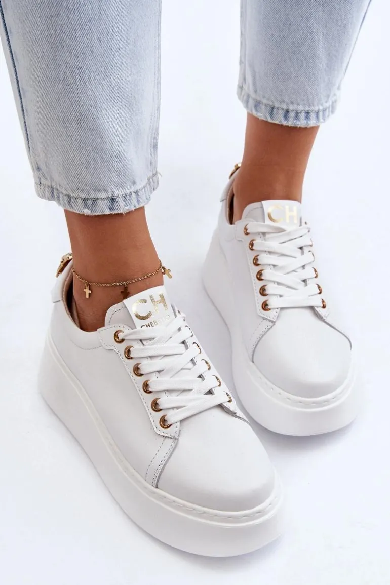 Damskie Skórzane Sneakersy Na Platformie CheBello 4367 Białe