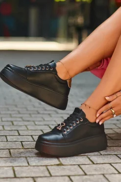 Damskie Skórzane Sneakersy Na Platformie Czarne Vinceza 66700