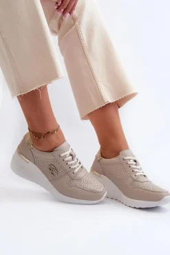 Damskie Skórzane Sneakersy Na Koturnie Beżowe S.Barski LR810