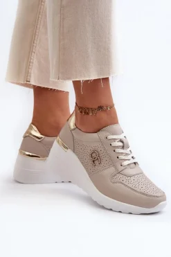 Damskie Skórzane Sneakersy Na Koturnie Beżowe S.Barski LR810