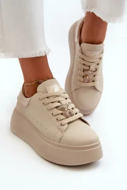 Damskie Skórzane Sneakersy Na Platformie Z Misiem Beżowe Vinceza 66641