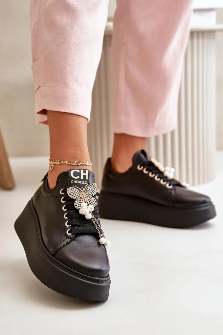 Damskie Skórzane Sneakersy Na Platformie Z Motylem CheBello 4585 Czarne