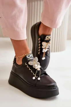 Damskie Skórzane Sneakersy Na Platformie Z Motylem CheBello 4585 Czarne