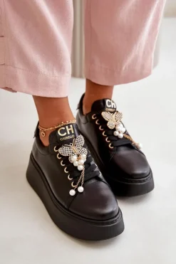 Damskie Skórzane Sneakersy Na Platformie Z Motylem CheBello 4585 Czarne