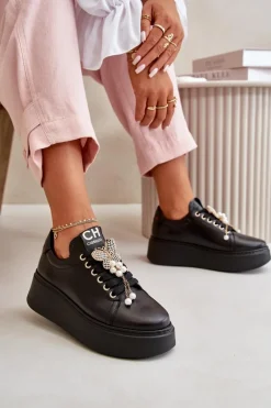 Damskie Skórzane Sneakersy Na Platformie Z Motylem CheBello 4585 Czarne