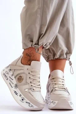 Damskie Skórzane Sneakersy Na Masywnej Platformie Beżowe Asturia