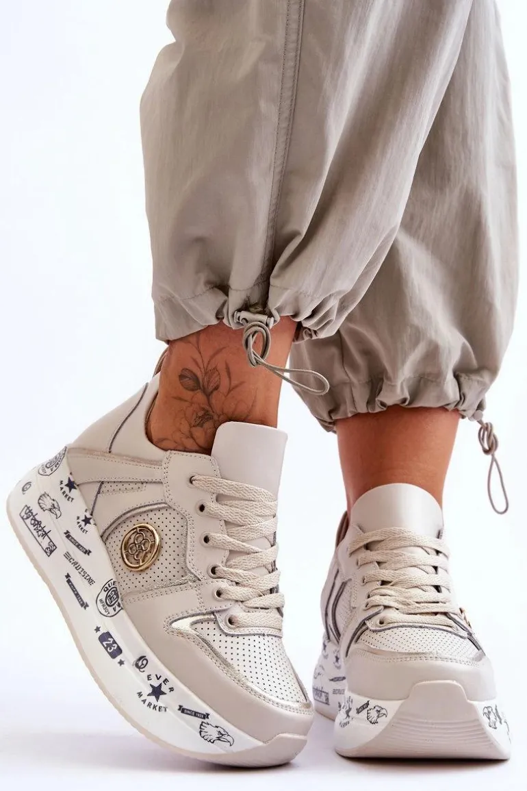 Damskie Skórzane Sneakersy Na Masywnej Platformie Beżowe Asturia