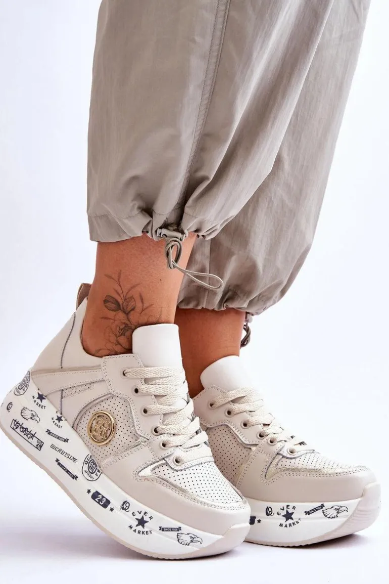 Damskie Skórzane Sneakersy Na Masywnej Platformie Beżowe Asturia