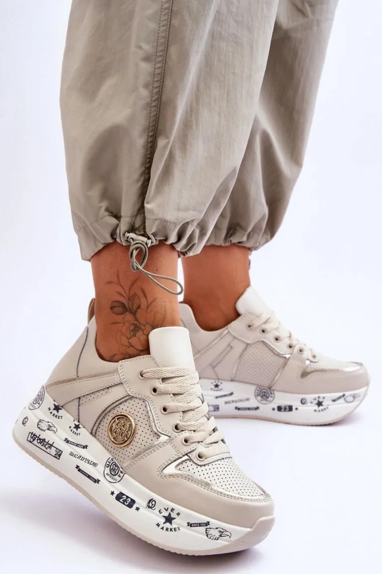 Damskie Skórzane Sneakersy Na Masywnej Platformie Beżowe Asturia