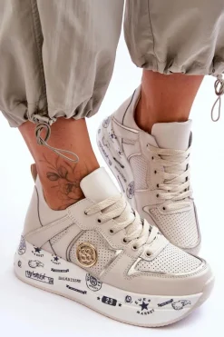 Damskie Skórzane Sneakersy Na Masywnej Platformie Beżowe Asturia