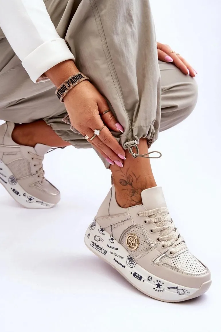 Damskie Skórzane Sneakersy Na Masywnej Platformie Beżowe Asturia