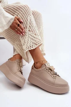 Damskie Skórzane Sneakersy Z Ozdobami CheBello 4292 Beżowe