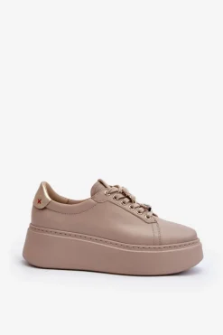 Damskie Skórzane Sneakersy Z Ozdobami CheBello 4292 Beżowe