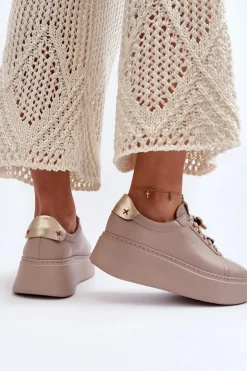 Damskie Skórzane Sneakersy Z Ozdobami CheBello 4292 Beżowe