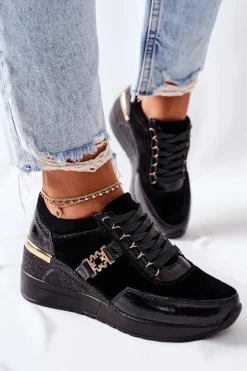 Damskie Skórzane Sneakersy Na Koturnie Czarne Montessori