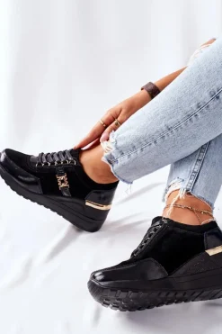 Damskie Skórzane Sneakersy Na Koturnie Czarne Montessori