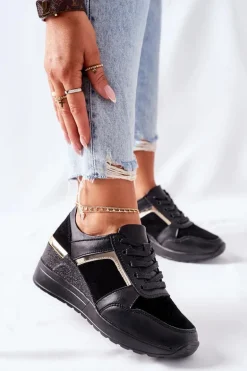 Damskie Skórzane Sneakersy Na Koturnie Czarne Manitoba
