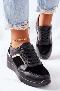 Damskie Skórzane Sneakersy Na Koturnie Czarne Manitoba