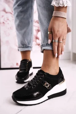 Damskie Skórzane Sneakersy Na Koturnie Czarne Złote Roxette