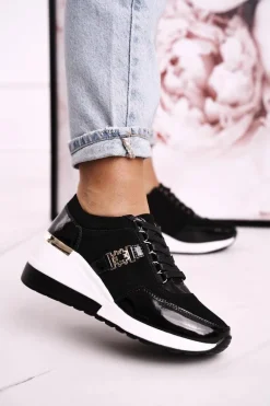 Damskie Skórzane Sneakersy Na Koturnie Czarne Złote Roxette