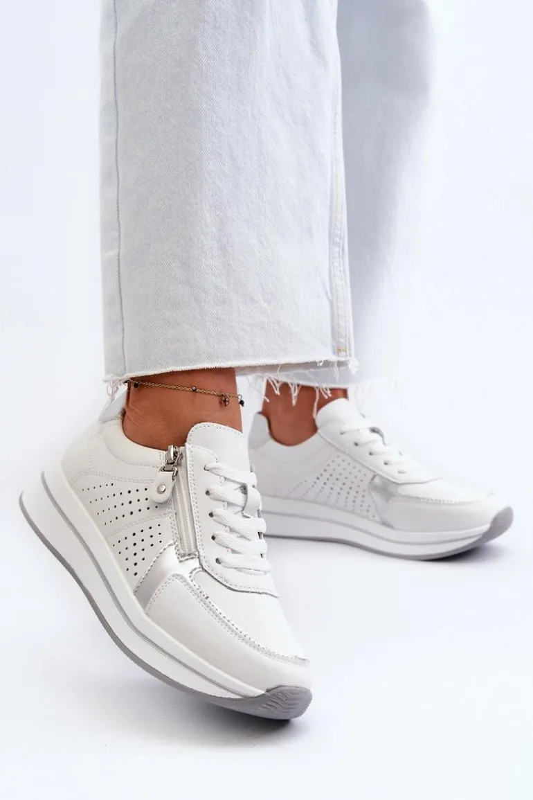 Damskie Skórzane Sneakersy Na Platformie Białe Ligustra