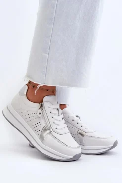 Damskie Skórzane Sneakersy Na Platformie Białe Ligustra